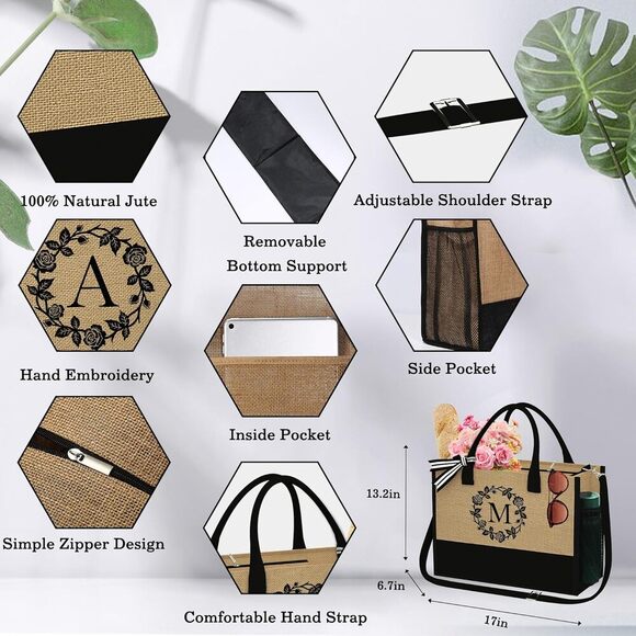 Jute Tote Bag Set - "W" Monogram, Chic, Eco-Friendly & Stylish Gift - Picture 3 of 6